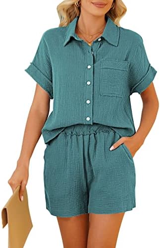 Hapcope Summer feminino 2 peças Rouno de traje curto Botão de manga curta Blusa de camisa e shorts Conjunto verde s