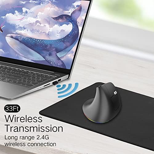 Mouse vertical sem fio LED Pinkcat, 2,4g silencioso mouse ergonômico avançado silencioso com receptor USB e adapte tipo C, 3 mouse