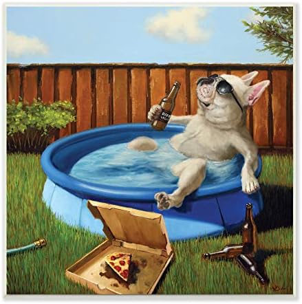 Stuell Industries French Bulldog bebendo Humor Pet Summer Pool, projetado por Lucia Heffernan Wall Ploca, 12 x 12, bege