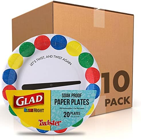 Glad Game Night Twister Placas de papel descartável | Placas descartáveis ​​de imóvel, à prova de corte, microondas e de serviço pesado para o jogo da família Night, Twister Game | Placas de papel de 10 , 200 ct