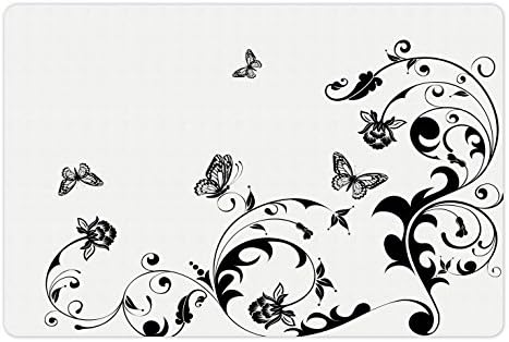 Butterfly Lunarable Butterfly Pet para comida e água, arranjo floral monocromático vintage com folhagem curva e insetos de primavera, retângulo de borracha sem deslizamento para cães e gatos, preto e branco