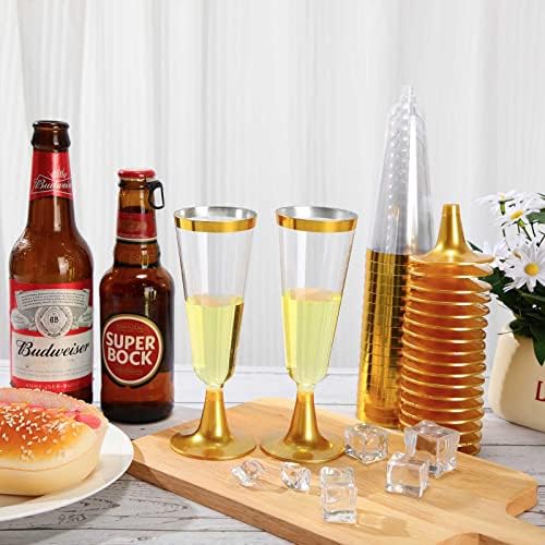 300 PCs Gold plástico de champanhe flauta de 4,5 oz de xícaras de champanhe descartáveis ​​com copos de vinho plástico de aro dourado copos de torrada de plástico para noivado de casamento festas de aniversário de formatura