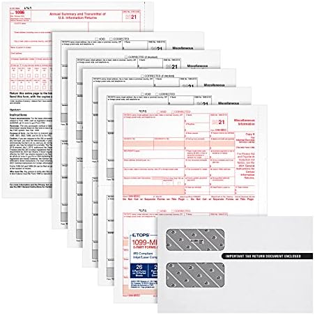 Tops 1099 Misc 2 UP Forms 2021, Kit de formulários fiscais para 26 destinatários, 5 partes do formulário de imposto MIV conjuntos com os envelopes de self SEAL 1099 e 3 1096 - pacote de 1