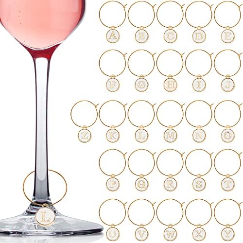 HiCarer 26 peças Feitices de vinho para copos de caule com anéis Tags letras metal letras de vidro Marcadores de cartas marcadores de contas para coquetel de vinho Champagne Favors Decorações