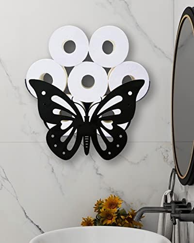 Decoração do banheiro do suporte de papel higiênico de borboleta, armazenamento de papel higiênico de montagem em parede de parede de metal preto para escultura de decoração de arte de parede extra, banheiro