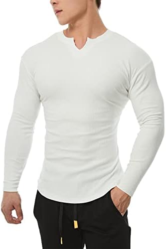 Camisetas musculares de alongamento masculino camisetas de manga comprida camisetas casuais slim fit v pescoço camisa de cor sólida