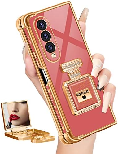 Buleens para Samsung Galaxy Z dobra 4 estojo com suporte de espelho de garrafa de perfume de metal, mulheres fofas coração feminino Z Fold 4 casos, capa elegante para o telefone para galáxia z dobra 4 7.6 '' de profundidade vermelha profunda