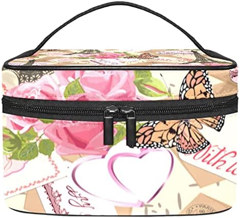 Bolsa de maquiagem de viagem Yoyoamoy, letras da torre Eiffel rosa borboletas de rosa rosa grande estojo cosmético Make Up Organizer