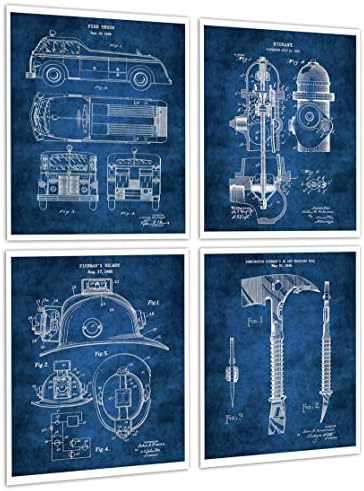 Decoração de bombeiro Conjunto de 4 artes de patente azul sem moldura Patentes de Bombeiro Patentes_firefighting_blue4b