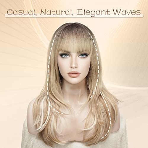 Perucas loiras longas para mulheres para mulheres perucas de cabelo sintético em camadas com franja, peruca de onda natural