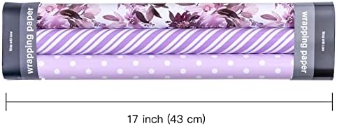Rolo de papel de embrulho wrapaholic - Mini Roll - 3 rolos - 17 polegadas x 120 polegadas por rolo - Purple Floral/Polka Dot/Stripe Design para casamento, férias, festa, chá de bebê