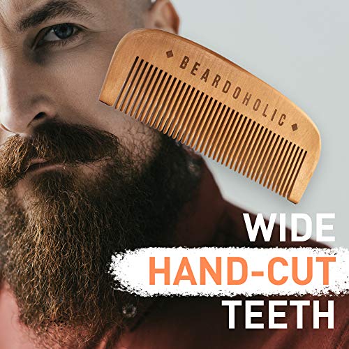 Pente de barba Beardoholic com uma caixa de presente-dentes largos-anti-estática, elimina emaranhados e mantém a barba limpa e arrumada-5,31 x 1,96 em design artesanal Pearwood Design