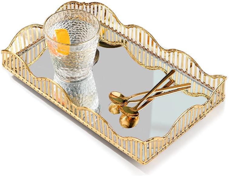 Luludada Curva Gold Retângulo de vidro Espelho central Pieces Pontuas de perfume Organizador decorativo e maquiagem