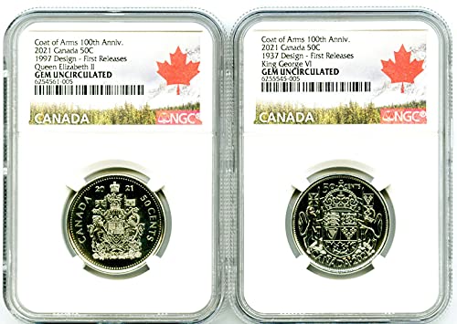 CA 2021 1997 1937 Rainha Elizabeth e King George VI 100º Aniversário Brasão de Armas 50 Cent com 2-Coin Set First Liberações NGC GEM