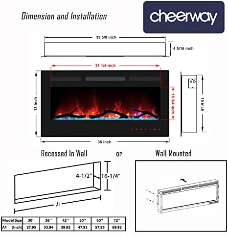 Lareira elétrica de Cheerway 36 polegadas, inserção de lareira embutida e aquecedor de lareira de montagem na parede