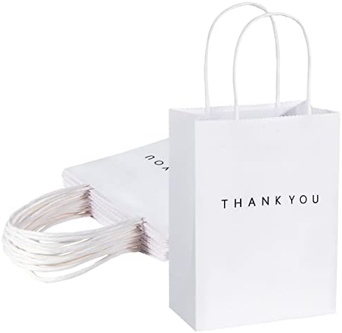 DRIAW Thank You Gift Smags 50 pacote, 5,9 x 3,1 x 8,3 '' Branco agradecer sacolas de papel com alças sacolas de presente brancas para varejo, casamento, festa, compras