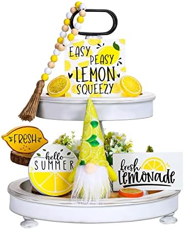 Bandejas de bandeja em camadas de limão de 10 peças, incluindo gnomos bonecos de pelúcia de lemon fazenda de madeira sinais de madeira faux limões de limão com miçangas de guirlanda com limão decoração de cozinha em casa