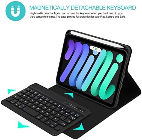 Boriyuan iPad Mini 6 Caixa de teclado 2021, teclado sem fio destacável Bluetooth Slim Folio Smart Cover com porta -lápis