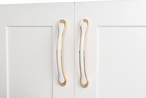 Caybo, 5 polegadas, gaveta e alça de gabinete em arco - puxadores e alças de armário de cozinha modernas - fácil, instalação de bricolage, inclui 2 conjuntos de parafusos - branco com acabamento dourado, 10 pacote
