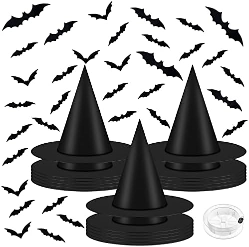 79 PCs Decorações de Halloween incluem 12 chapéus de bruxa pretos 60 Decalques de parede de morcegos 3D pendurados Decoração de Halloween