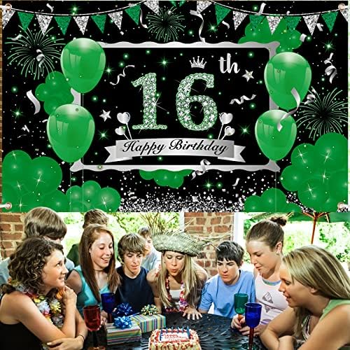 Decorações de faixas de aniversário de 16 anos verdes para meninos meninas grandes prateadas verdes Feliz aniversário de 16º aniversário Banner para o 16º aniversário de festas de aniversário de dezesseis anos de idade decorações de festa 73 x 44 polegadas