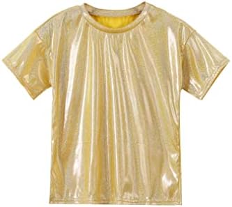 Camisas metálicas brilhantes de Jeatha para meninos e meninas Shimmer Crewneck T-shirts Jazz Hip Hop Dance Tops