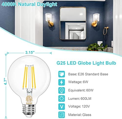 Lâmpadas de banheiro led dekang 8 pacote de pacote equivalente 60w, 4000k Luz do dia natural, lâmpadas G25 Globe Edison