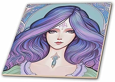 3drose Art Nouveau Mulher. Deusa encantadora de bons sonhos com cabelos roxos - telhas