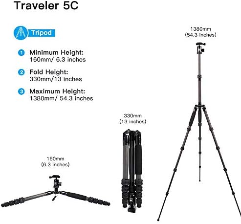 Sirui Carbon Fiber Travel 5c Tripé 54,3 polegadas Câmera portátil portátil Tripé com cabeça de bola e capacidade de carga da placa
