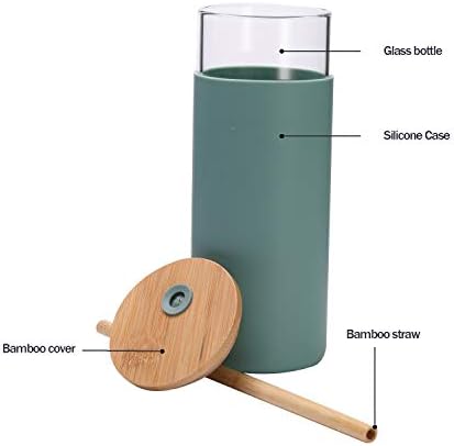 Minichef 18oz de vidro copo com tampa de bambu e suco de palha de suco de palha Silicone Sleeve Glass Water Bottle - BPA Free