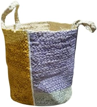 Woweco, tecido juta, cesta multicolorida 16 x15 x12.6 - grande, redonda, 2 alças. Fibra natural, design de vime decorativo. cesto