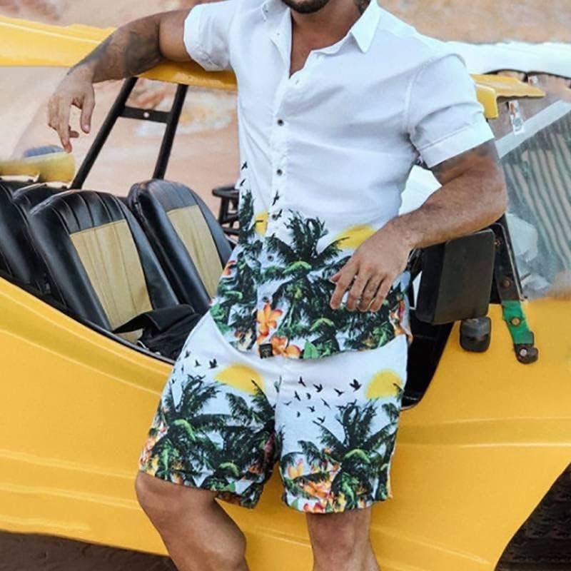 Scdzs Men imprimido Hawaiian Desenta férias lapela camisa de manga curta e shorts verão moda streetwear mass traje 2 peças