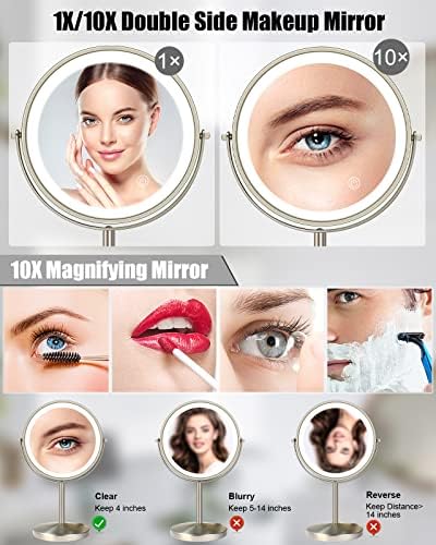 Espelho de maquiagem iluminado por TOLOYE, 8 polegadas de 1x/10x espelho de vaidade com 3 cores Lightning Dimmable, 360 ° de rotação