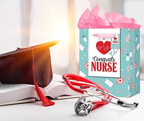 Petcee Nurse Graduation Gifts Bag, Parabéns Saco de Presente de Enfermeiras com papel de seda e cartão 11.5 '' grande enfermagem para graduados graduados em faculdades de medicina