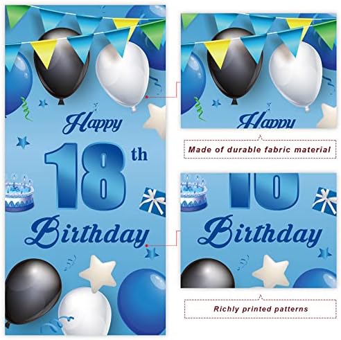 Feliz aniversário de 18 anos Banner Azul Balloons Stars Confetti Cheers para Decorações de temas de 18 anos de idade.