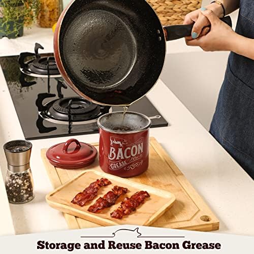 [Capacidade maior] Recipiente de graxa de bacon com filtro fino e tampa - 38 oz de óleo de esmalte o óleo de graxa lata de óleo para