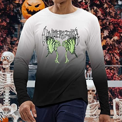 Xxbr halloween mass camisetas de manga comprida All Saints Day Squeleleton Print Gradiente Crew pescoço Camista Músculo Slim Fit Tops