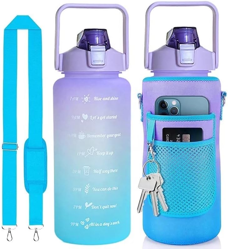 Garrafa de água de 2 litros sem limites com manga de armazenamento, suporte para celular, palha e cinta - BPA grátis - para ginásio