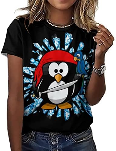 Pirata de pinguim com uma camiseta gráfica de papagaio feminino de manga curta de manga curta camisetas túnicas de túnica de blusa de túnica