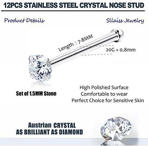 Sllaiss 12pcs Narize rings feitos com jóias austríacas de jóias de pinos de cristal de cristal 1,5 mm de aço inoxidável cirúrgico