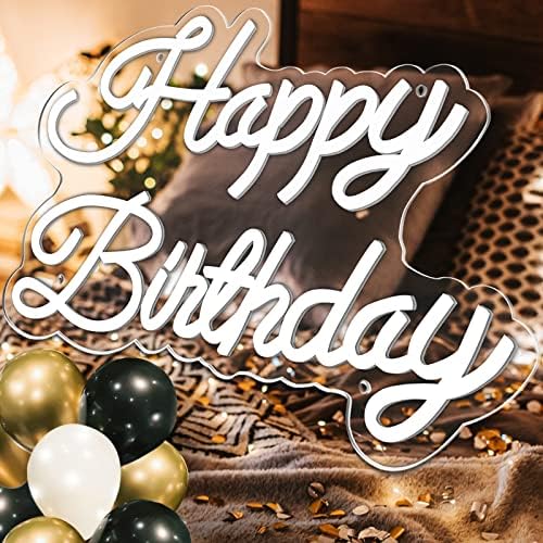 Feliz aniversário, sinal de néon com 20 balões, placa de feliz aniversário de neon advertida para o cenário, decoração de parede alimentada por USB, sinal de feliz aniversário para qualquer tipo de tema de aniversário, 17,7 × 11 in, branco