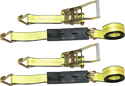 DKG -304 Amarelo Double Double J gancho Correia com catraca - Over Over Wire Hook Hanch Hauler Tie para baixo - tira do reboque de transportador automático com catraca de aço - limite de carga de trabalho de 3330 lb