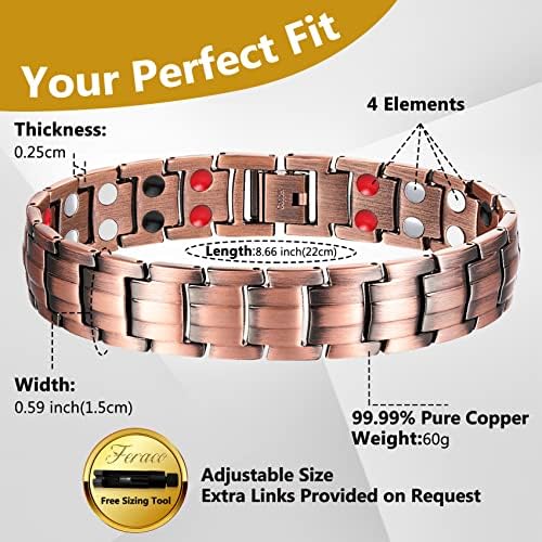 Pulseira de cobre Feraco para homens 4 elementos Bracelets magnéticos elegantes 99,99% jóias de cobre sólidas com ímãs