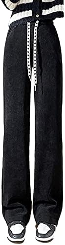 Calças de perna larga para mulheres com bolsos de algodão de cintura alta calça reta de algodão reto