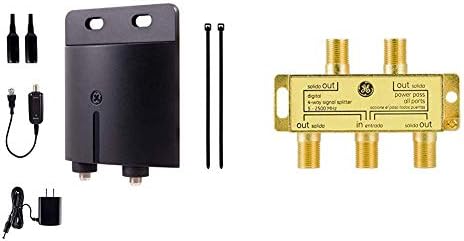 GE Outdoor TV Antena amplificadora de baixo aumento de sinal de sinna de baixo ruído e divisor de cabo coaxial digital de 4 vias, 2,5 GHz 5-2500 MHz, RG6 Compatível, conectores banhados a ouro, resistente à corrosão, 33527