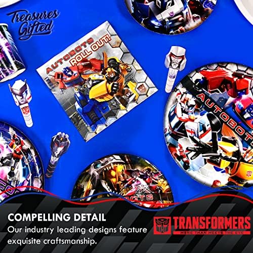 Tesouros Gifted Transformers Supplies de festas - serve 32 convidados - Dinnerware Deluxe Conjunto Transformers Festas de festas de aniversário - Decorações de festas Transformers - pratos, guardanapos, xícaras e toalhas de mesa