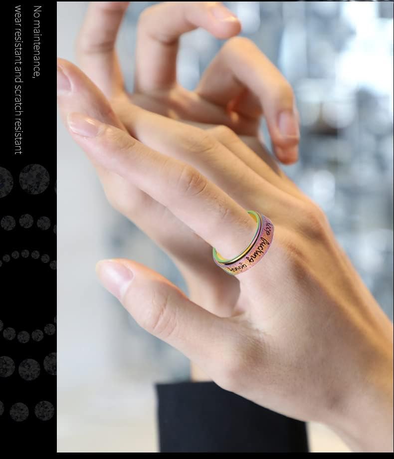 Luckyamor Fidget Ring Women for Ansity Ring: Mantra inspirador personalizado anel de prata em aço inoxidável anel de prata para homens mulheres amigas Incentivo Tamanho 6 7 8 9 10