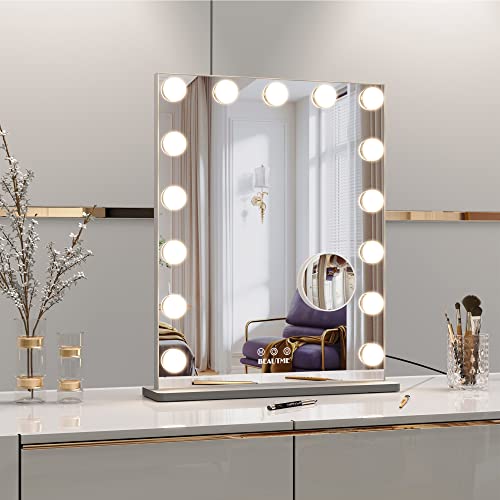 Beautme Hollywood Makeup Vanity Mirror com luzes, espelho de mesa em pé com iluminação de quarto, espelho de mesa de beleza cosmética LED com 15 lâmpadas diminuídas, espelho de iluminação montada na parede