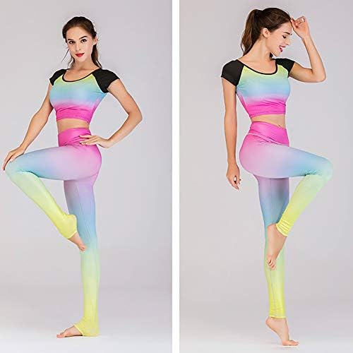 Roupas de ioga feminino de gradiente, 2 peças de cintura alta perneiras e camisetas esportivas de cintura alta Conjunto