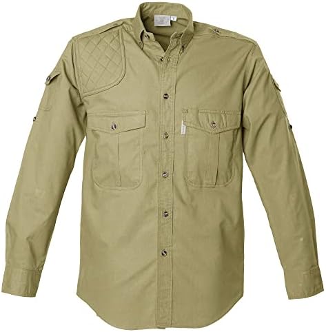 Camisa de atirador de safari para homens para mangas compridas, algodão, proteção solar para aventuras ao ar livre